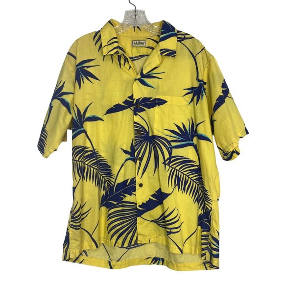 LL Bean Vintage 80's Hawaiian Shirt Mens XL Yellow Blue Palms Tropical - Picture 1 of 7